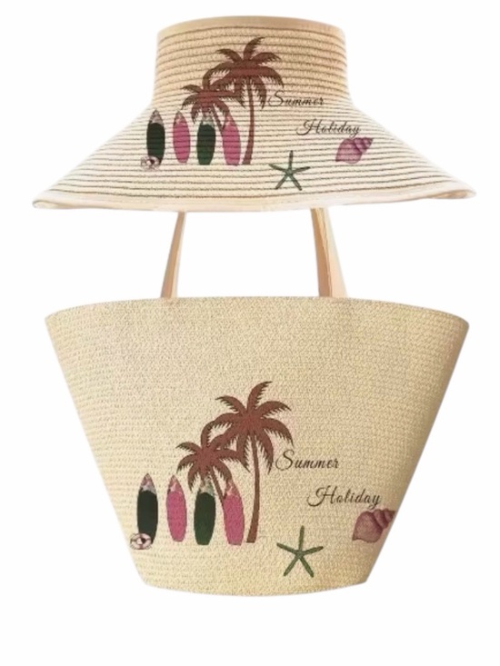 Handbags - Summer Holiday Woven Straw Hat and Tote Set - Beige, Mauve & Green Accents NWOT
